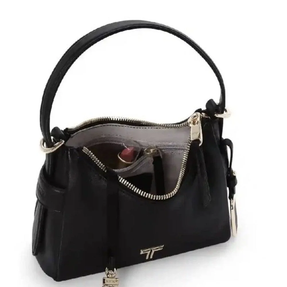 NWT TUMI Voyageur Evora Mini Hobo Black Leather Crossbody Bag Gold Hardware